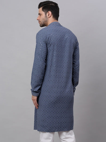 Men Grey Geometric Sequin Embroidered Kurta VitansEthnics