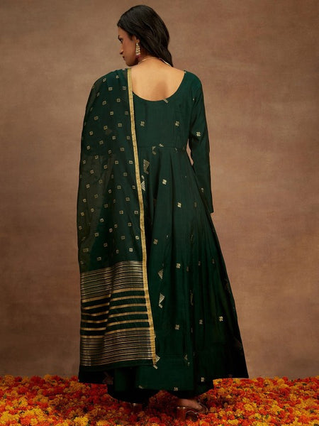 Green Woven Design Chanderi Silk Kurta with Palazzos & Dupatta