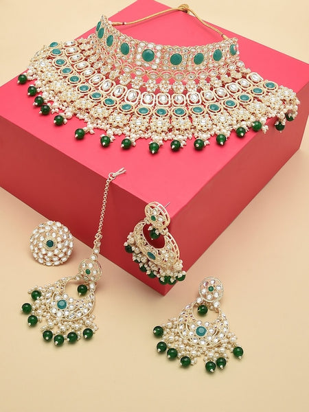 Green & White Gold-Plated Kundan-Studded & Pearl Beaded Bridal Jewellery Set VitansEthnics