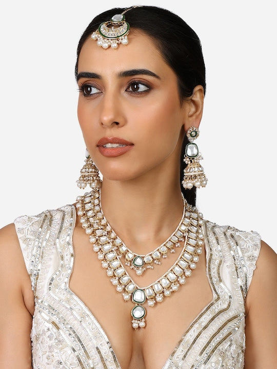 Gold Plated Kundan Studded & Pearls Beaded Jewellery Set VitansEthnics