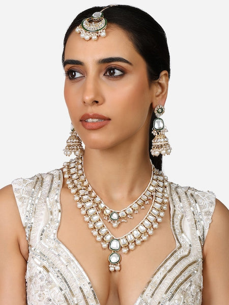 Gold Plated Kundan Studded & Pearls Beaded Jewellery Set VitansEthnics