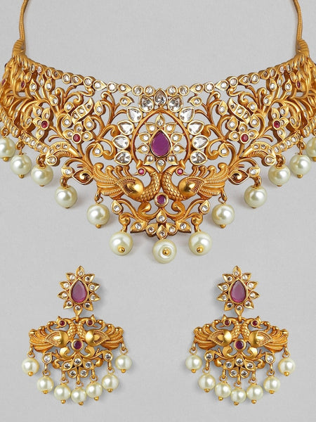 22K Gold-Plated White & Pink Ruby Stone-Studded Beaded Handcrafted Jewellery Set VitansEthnics