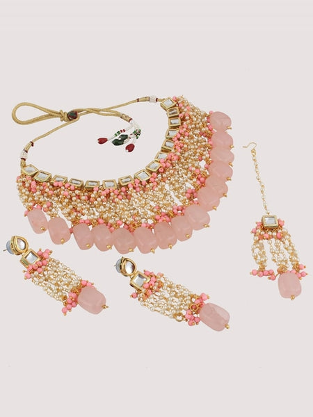18k Gold-Plated Pink Kundan-Studded & Beaded Jewellery Set VitansEthnics