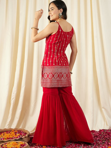 Red Kurti With Sharara Pants Set vitansethnics