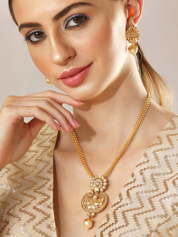 22K Gold-Plated Beige Kundan-Studded Beaded Handcrafted Jewelry Set VitansEthnics