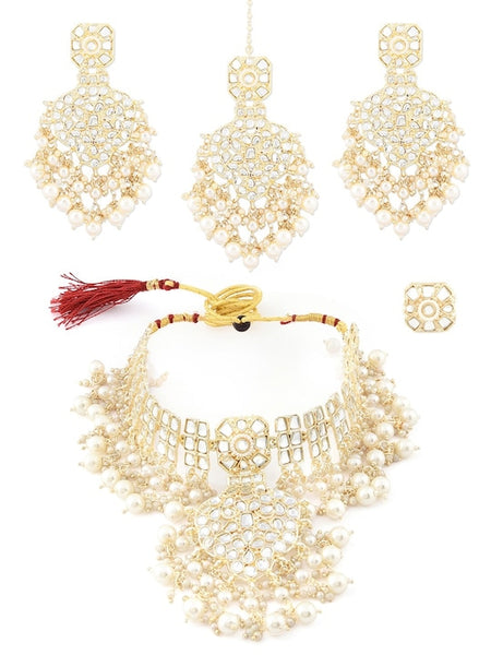 Women Gold Plated Kundan & Pearls Ethnic Choker Necklace Earring Maangtikka & Ring Set Jewellery Set VitansEthnics