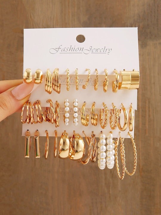 Set Of 18 Gold-Plated Beaded Contemporary Hoop Earrings VitansEthnics