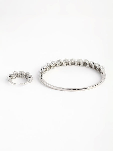 Women Silver-Toned AD Studded Bangle Style Kada Bracelet with Matching Ring VitansEthnics
