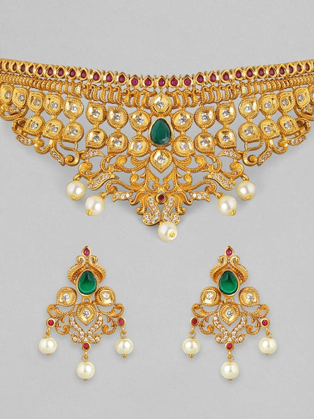 24K Gold-Plated White & Green Stone Studded Handcrafted Jewelry Set VitansEthnics