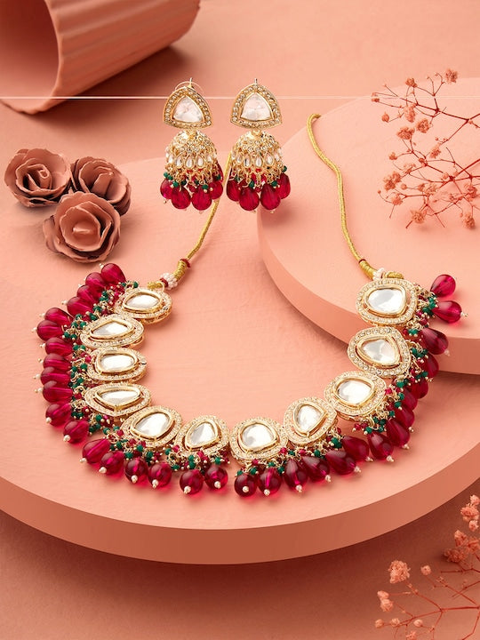 Gold-Plated Stone-Studded & Cluster Beaded Jewellery Set VitansEthnics