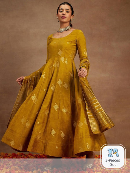 Mustard Yellow Woven Design Chanderi Silk Kurta with Palazzos & Dupatta