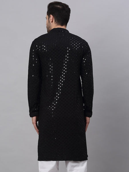 Men Black Geometric Sequin Embroidered Kurta VitansEthnics