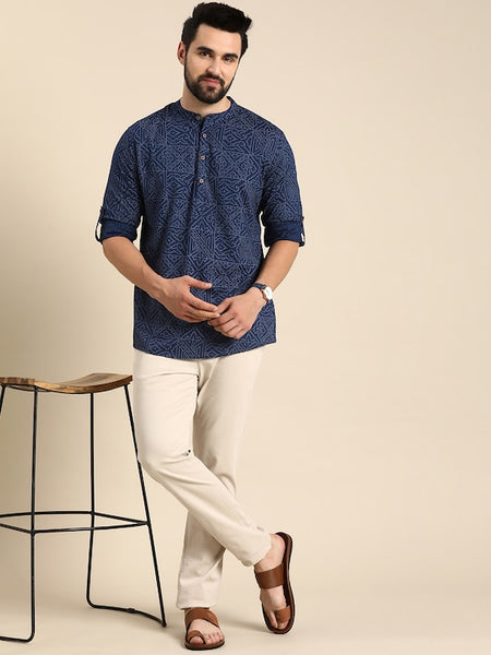 Men Geometric Printed Cotton Indigo Kurta VitansEthnics