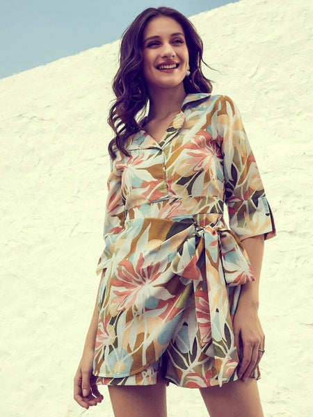 Cream-Coloured & Teal Printed Jumpsuit VitansEthnics