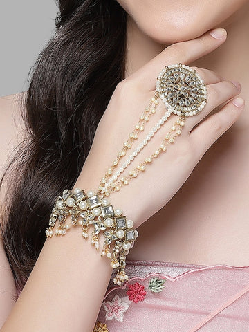 Kundan Gold-Plated Ring Bracelet | Haath Phool | Bracelet With Attached Ring VitansEthnics