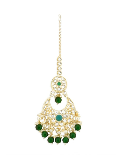Green & White Gold-Plated Kundan-Studded & Pearl Beaded Bridal Jewellery Set VitansEthnics