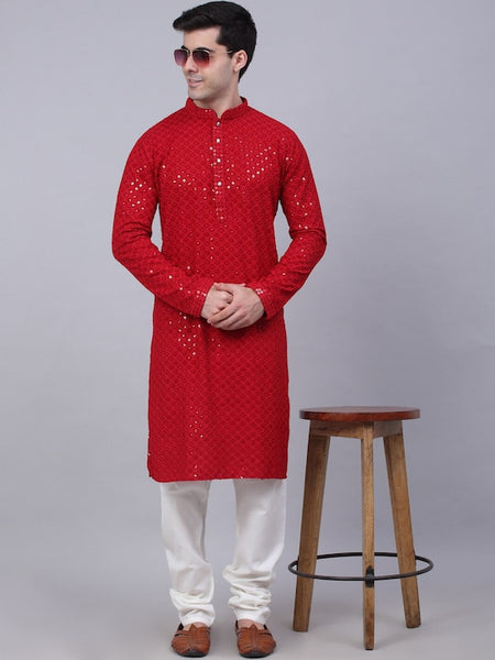 Men Red Geometric Sequin Embroidered Kurta VitansEthnics