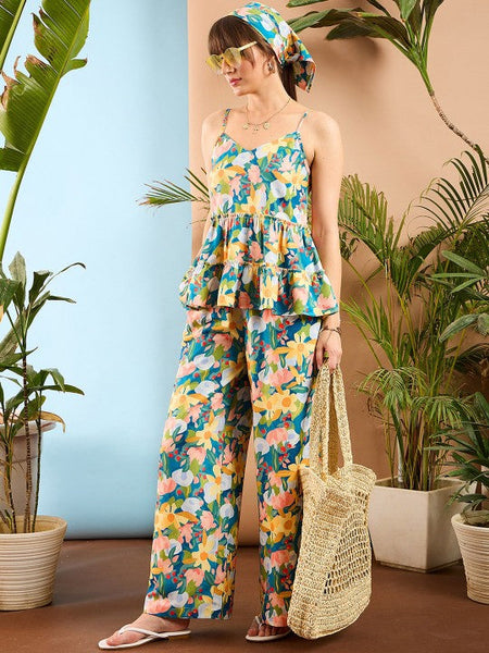 Women Floral Printed V Neck Top & Flared Trousers Co-Ord Set VitansEthnics