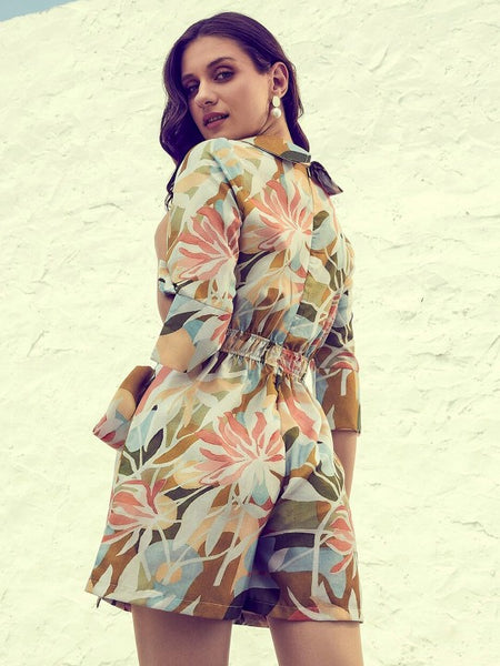 Cream-Coloured & Teal Printed Jumpsuit VitansEthnics