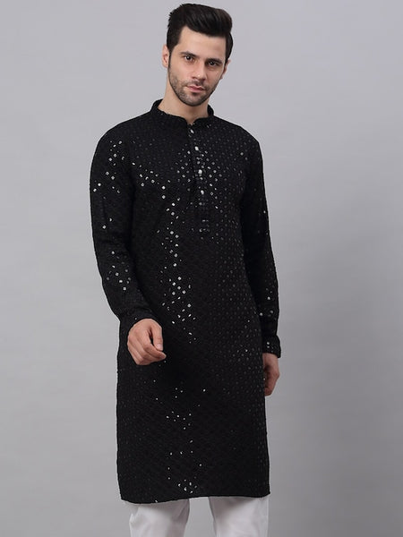 Men Black Geometric Sequin Embroidered Kurta VitansEthnics