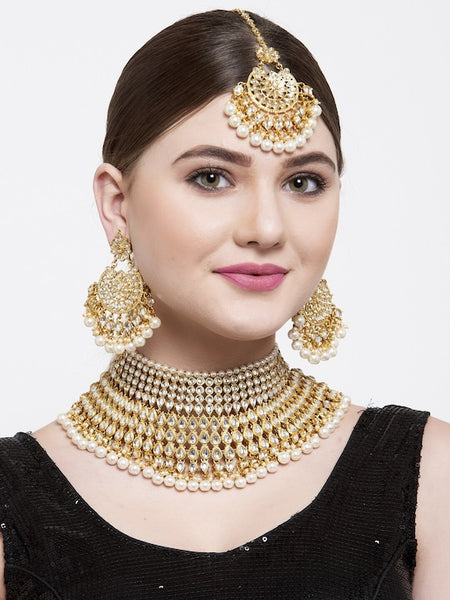 Gold-Plated & White Kundan-Studded & Beaded Bridal Jewelry Set VitansEthnics