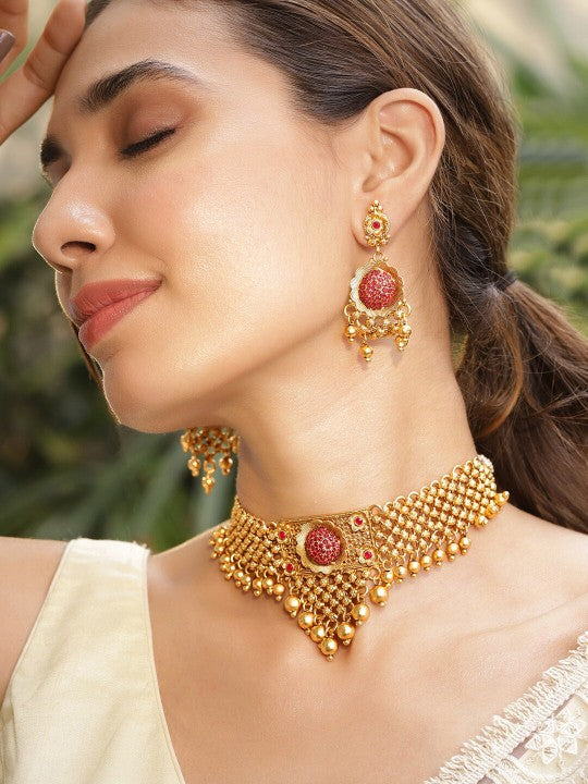 22K Gold Plated Pink Stone Studded & Gold Beaded Choker Necklace Set VitansEthnics