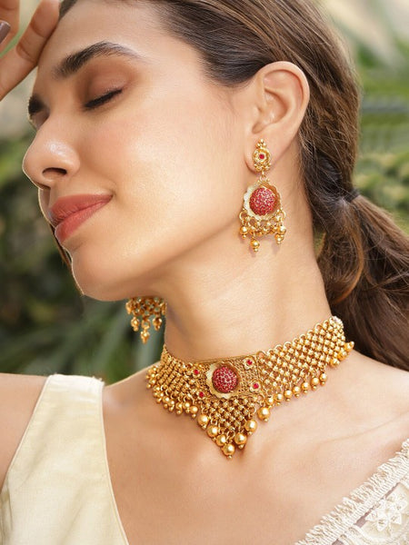 22K Gold Plated Pink Stone Studded & Gold Beaded Choker Necklace Set VitansEthnics