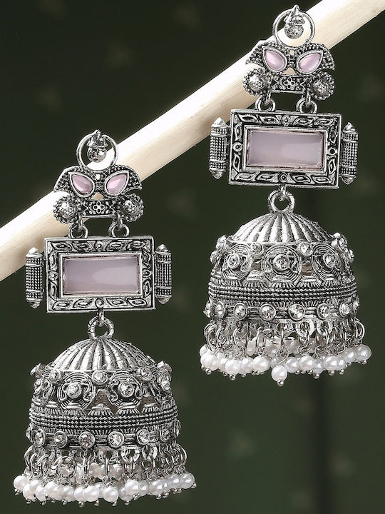 Beaded Dome-Shaped Oxidised Jhumka Drop Earrings VitansEthnics