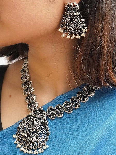 Oxidised Silver-Plated Black Artificial Stones-Studded Vaidehi Jewellery Set VitansEthnics