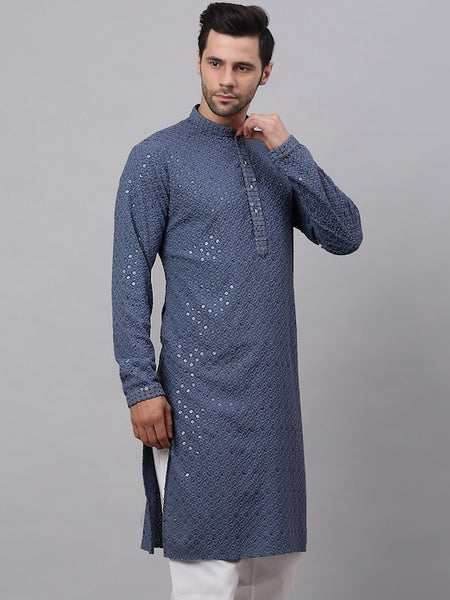 Men Grey Geometric Sequin Embroidered Kurta VitansEthnics