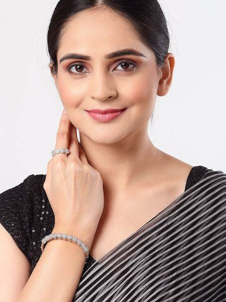Women Silver-Toned AD Studded Bangle Style Kada Bracelet with Matching Ring VitansEthnics