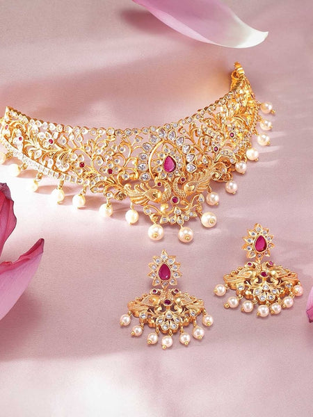 22K Gold-Plated White & Pink Ruby Stone-Studded Beaded Handcrafted Jewellery Set VitansEthnics