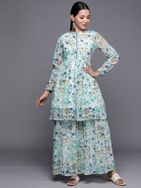Long Sleeves Floral Printed Anarkali Kurta with Sharara For Women, Co-Ords Set, Palazzo Kurti Set, Coord Set, Ethnic Indian Dress, Kurti Set VitansEthnics