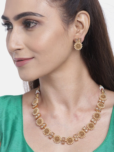 Cream-Coloured Gold-Plated Stone-Studded & Beaded Handcrafted Jewellery Set VitansEthnics