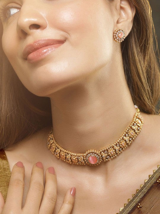 24K Gold Plated Handcrafted Pastel Pink Intricate Choker Jewellery Set For Women VitansEthnics