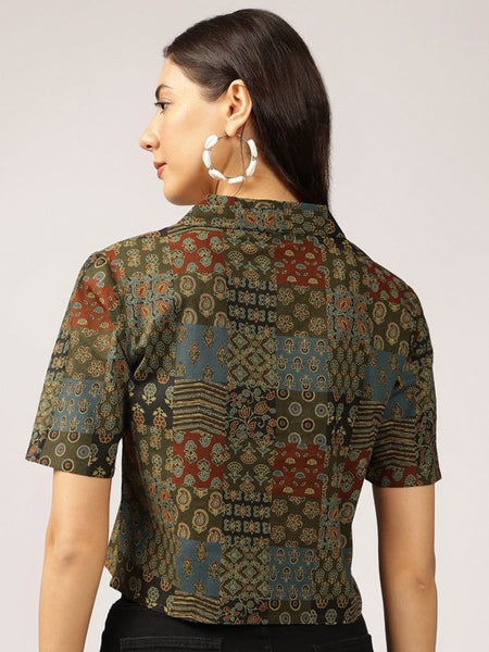 Ethnic Printed Cuban Collar Pure Cotton Shirt Style Indian Top, Pure Cotton Indian Top, Indian Blouse For Women, Indian Crop Shirt VitansEthnics