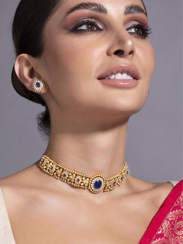 24K Gold Plated Handcrafted Blue Sapphire Intricate Choker Jewellery Set For Women VitansEthnics