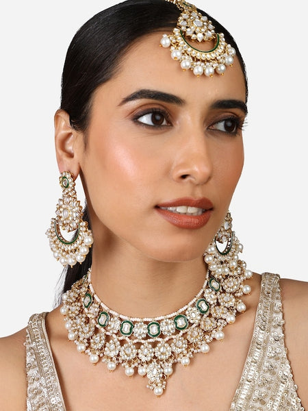 Gold Plated Kundan-Studded & Beaded Necklace And Earrings With Maang Tika VitansEthnics