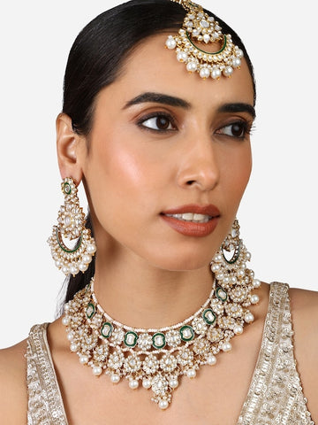 Gold Plated Kundan-Studded & Beaded Necklace And Earrings With Maang Tika VitansEthnics