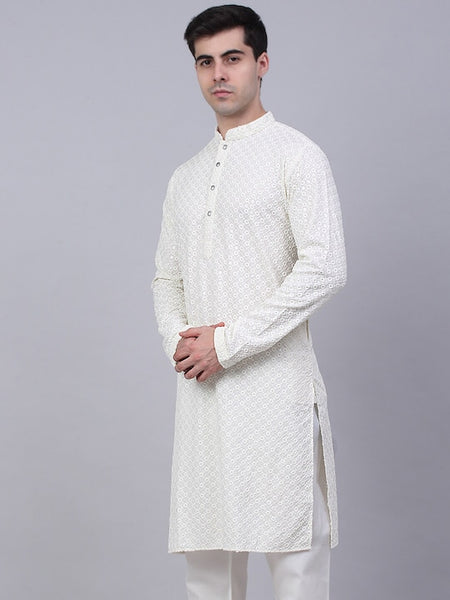 Men White Geometric Sequin Embroidered Kurta VitansEthnics
