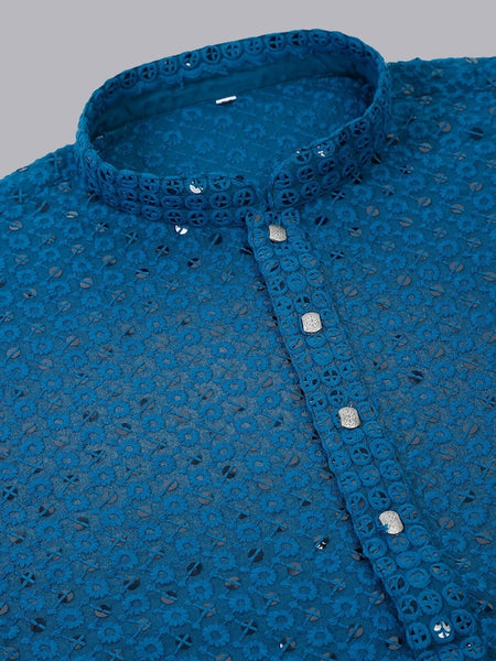 Men Teal Geometric Sequin Embroidered Kurta VitansEthnics