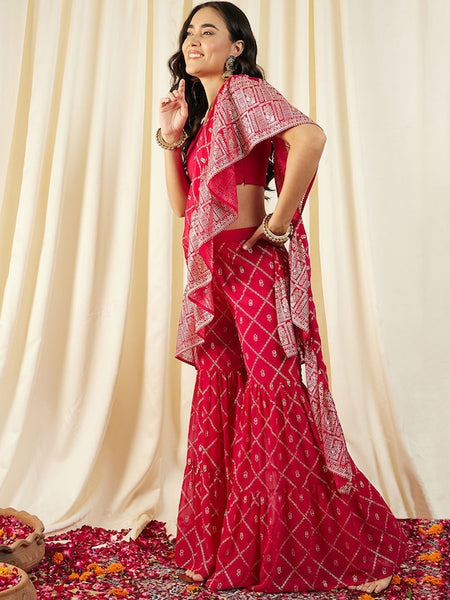 Printed Crop Top with Sharara & Attached Dupatta For Women | Ready to wear Sharara Pant Saree VitansEthnics