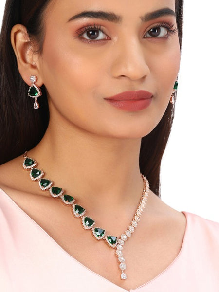 Green Rose Gold-Plated American Diamond CZ Pearl Jewelry Set VitansEthnics