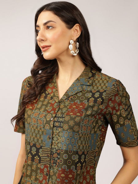 Ethnic Printed Cuban Collar Pure Cotton Shirt Style Indian Top, Pure Cotton Indian Top, Indian Blouse For Women, Indian Crop Shirt VitansEthnics