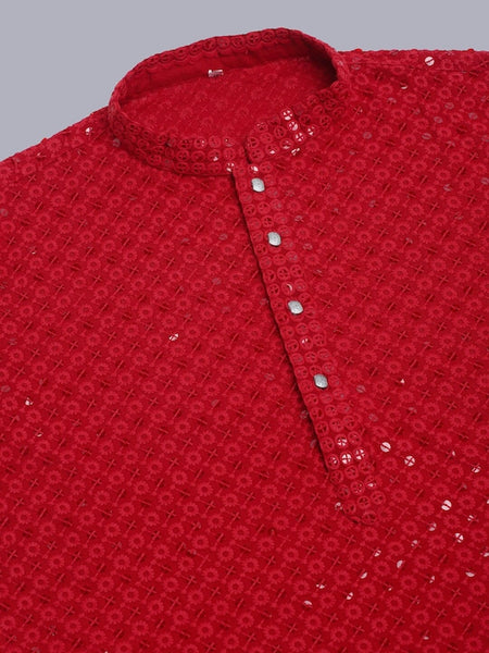 Men Red Geometric Sequin Embroidered Kurta VitansEthnics