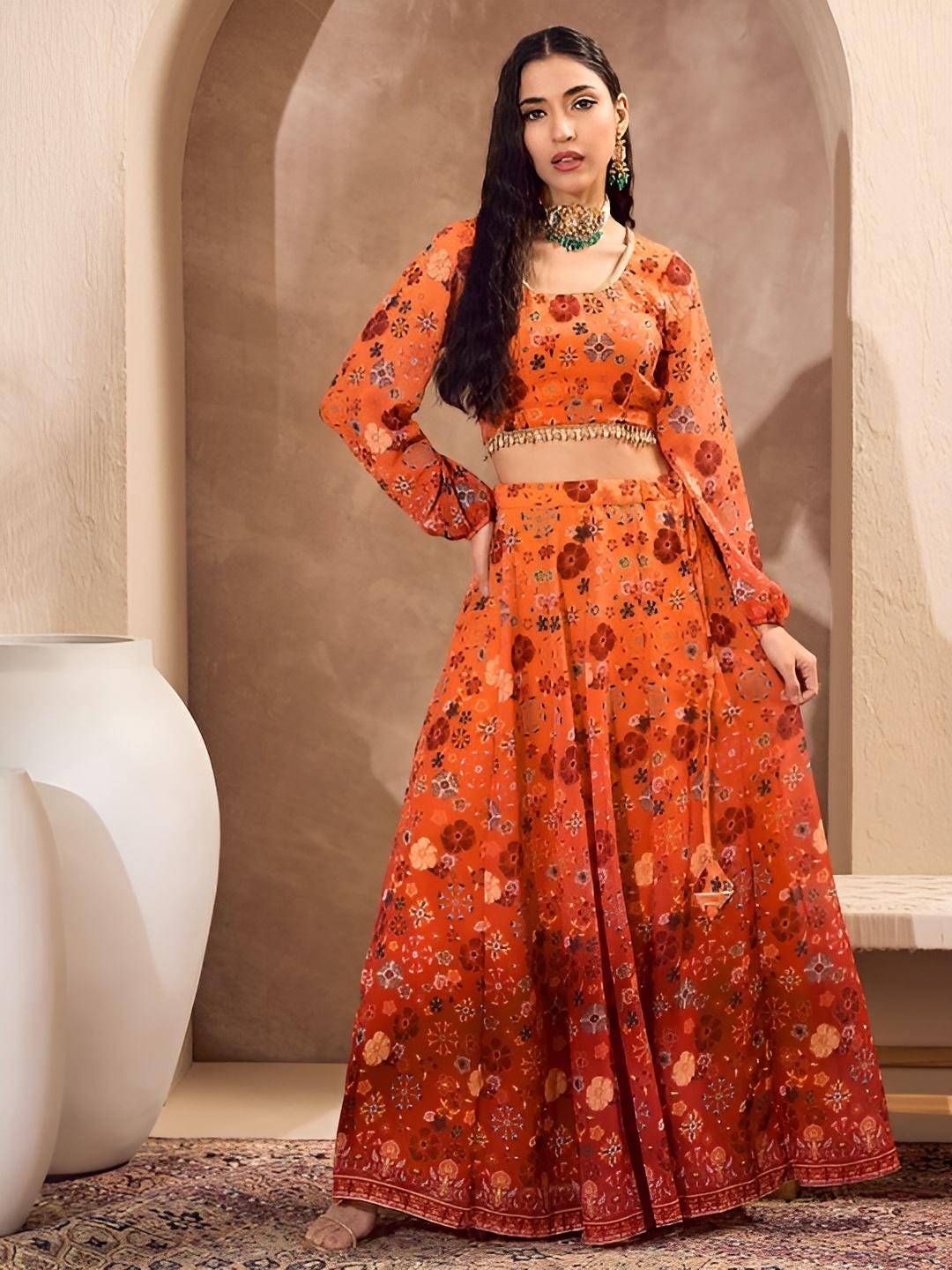 Floral Printed Crop Top With Skirt For Women | Indian Lehenga Choli VitansEthnics