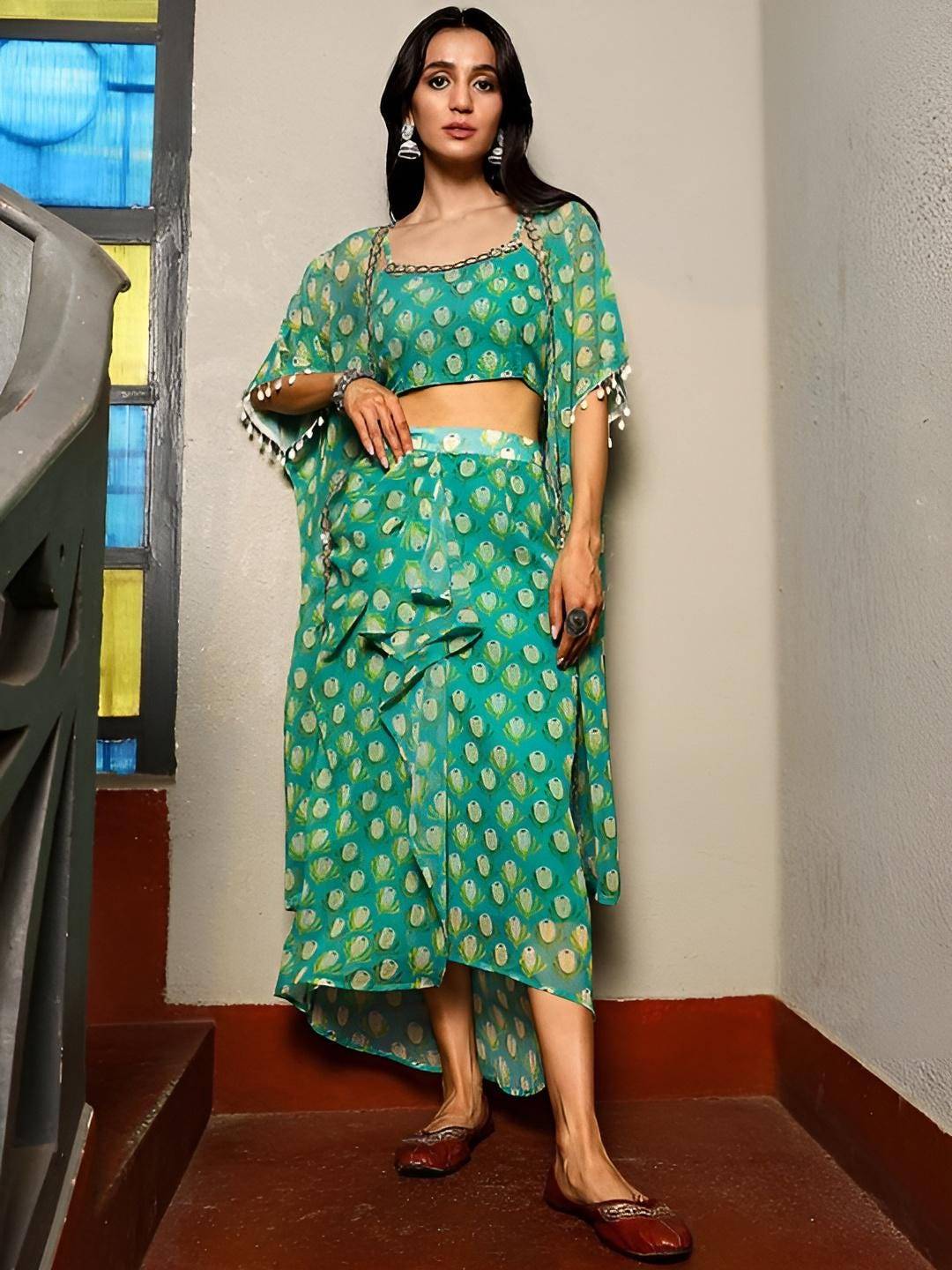 Crop Top With Drape Skirt and Shrug Fusion Set VitansEthnics