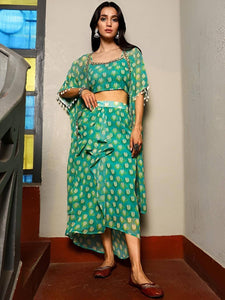Crop Top With Drape Skirt and Shrug Fusion Set VitansEthnics