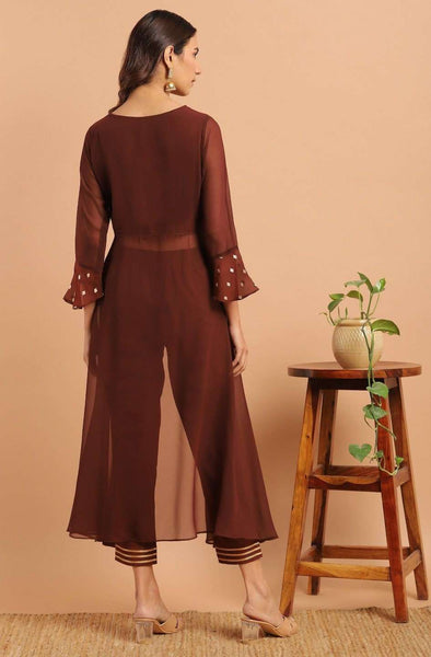 Brown Indian Crop Top With Pants Set vitansethnics
