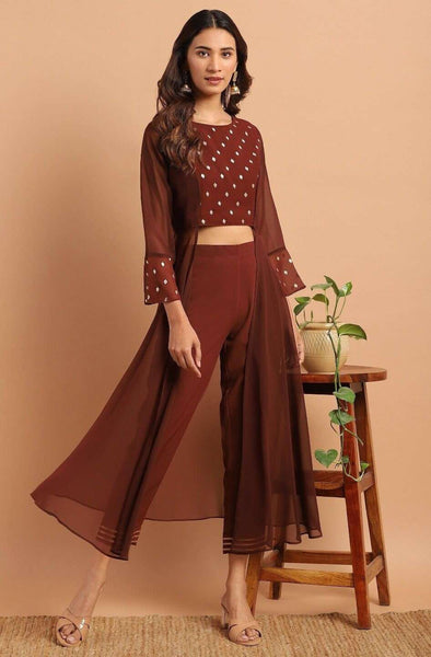 Brown Indian Crop Top With Pants Set vitansethnics